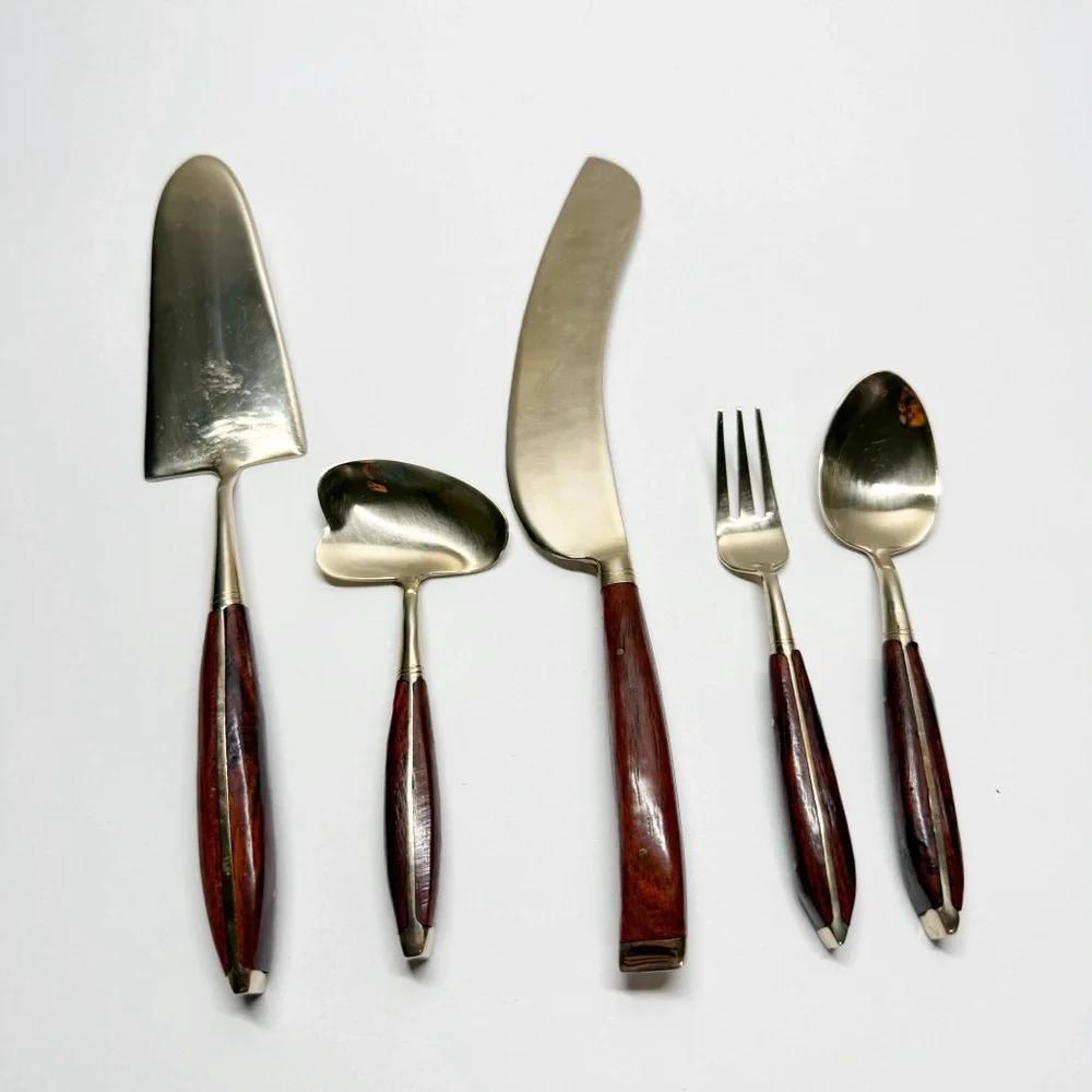 Vintage Bangkok Jewelry Factory Gold Tone Wood Handle Hor D’oeuvres Flatware Set